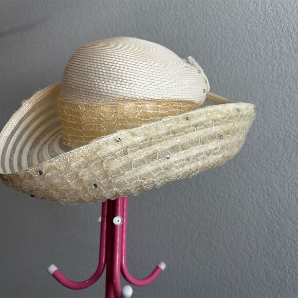 Women's Ivory Wide Brim Straw Hat with Sequins & Floral Appliqué - Picture 2 of 10